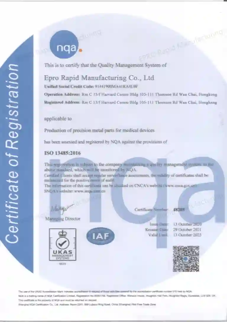 EPRO-MFG ISO 13485 Certificate