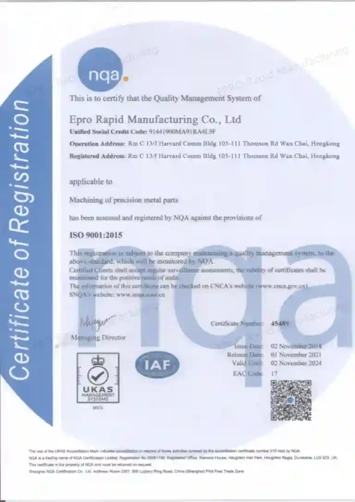 EPRO-MFG ISO 9001 Certificate