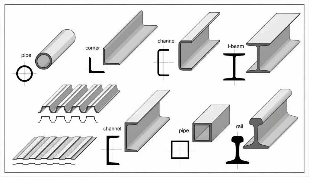 Metal rolled products profiles and isometric view. Steel beam, pipe, rail, girder, construction barss, corner, square, round tube. Aluminum elements for metalwork