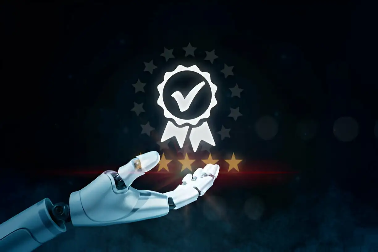 Robot hand shows the sign of top service Quality assurance