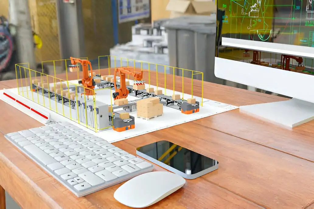 custom-3d illustator-Mechanical engineer is checking specifition of handling robot for install in automatic transfer system