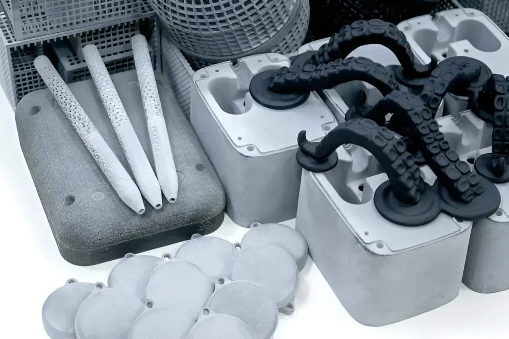 material options-sls-Many different objects printed on 3D printer from powder polyamide
