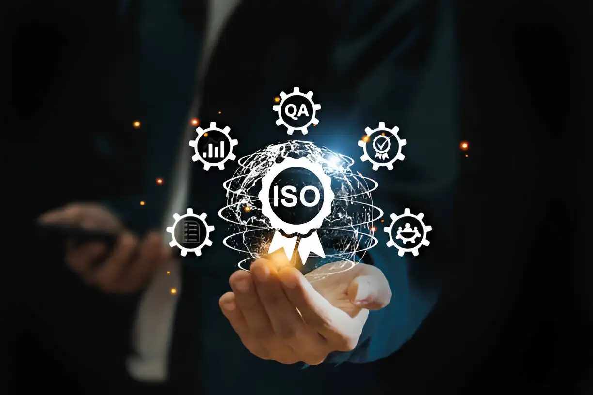 why choose-ISO-Businessman ISO symbol showing quality assurance on virtual screen
