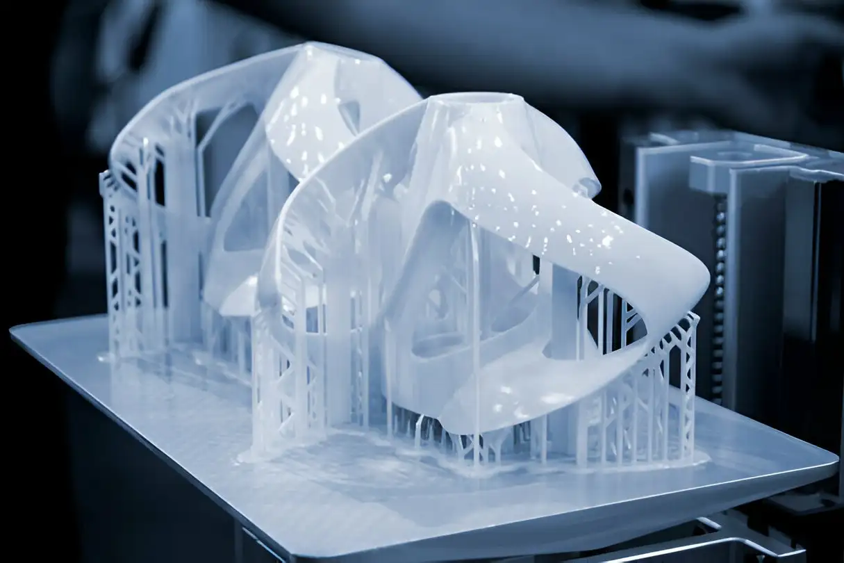 Printed models on 3D printer close-up. Objects printed on photopolymer sla
