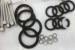 Rubber seal part of machine pipe in production room of factory