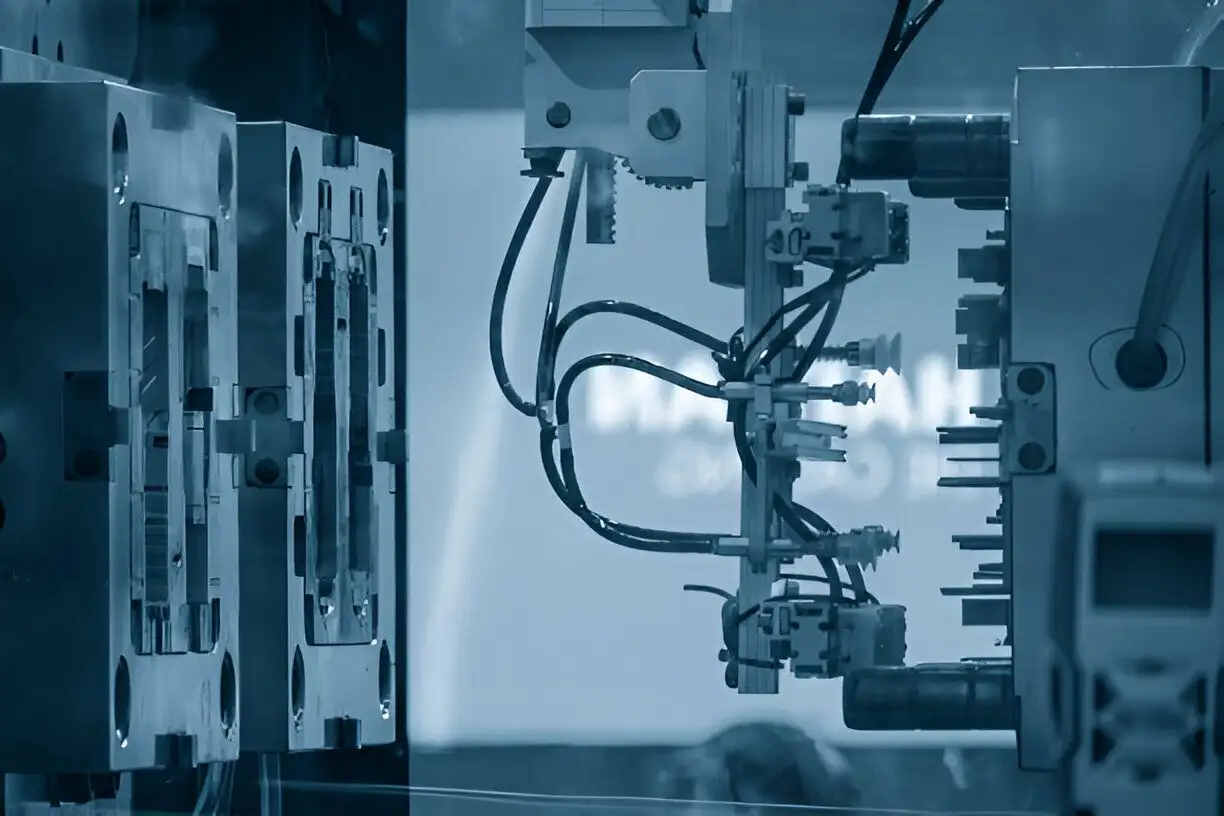 injection-The plastic injection parts gripping by vacuum robotic system from injection machine